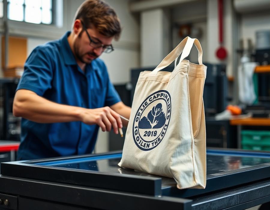 Screen printing a logo onto a canvas tote bag